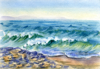 Watercolor sketch from nature. Sea sandy beach