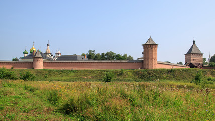 View of the fortress wall and temples of the Savior-Efimiev monastery in Suzdal, Russia