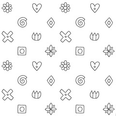 Seamless vector pattern, black and white geometric background with flower, leaf, hearts, cross, square. Print for decor, wallpaper, packaging, wrapping, fabric. Abstract graphic design. Line drawing