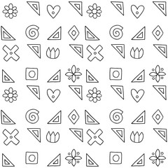 Seamless vector pattern, black and white geometric background with flower, leaf, hearts, cross, square. Print for decor, wallpaper, packaging, wrapping, fabric. Abstract graphic design. Line drawing