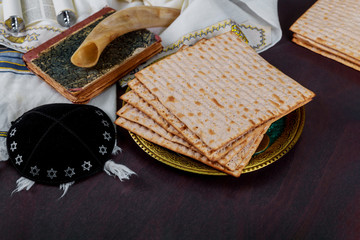 Table ready for traditional seder plate ritual the Jewish holiday of Passover. Kiddush matzos