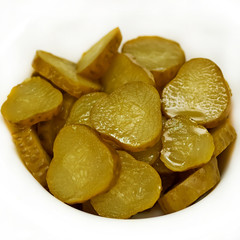 pickled cucumber slices on white background square ingredient