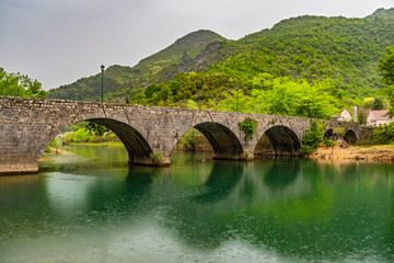 Beautiful views of Lake Skadar National Park in Montenegro in Europe with old stone arch bridge in Rijeka Crnojevica
