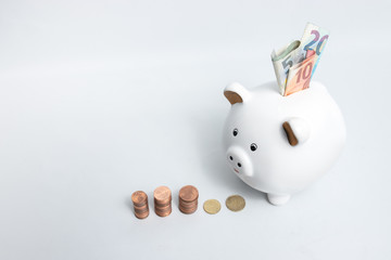 Sparschwein weiß mit Geldmünzen gestapelt Geld Geldscheine