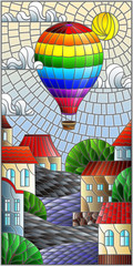 Illustration in stained glass style with bright rainbow balloon flying over the city on the background of cloudy sky and sun