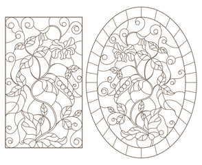 Set of contour illustrations of stained-glass Windows with blooming green peas, oval and rectangular image