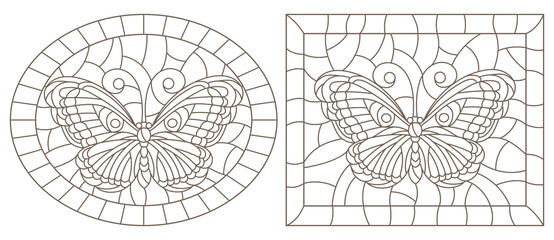 Contour set of illustrations of stained glass with butterflies , dark outline on a white background,rectangular and oval image