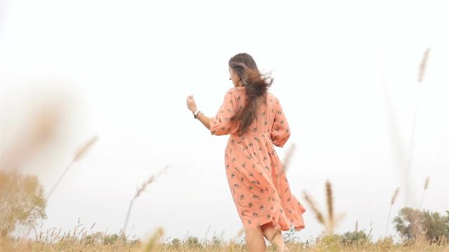 A lovely brunette girl walks through the grass. View from the back. Slow-motion