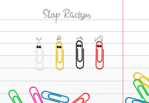 Stop racism.  Four paperclips different colors  on paper  imitate men with different colors