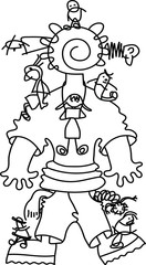 the robot is coming. Black and white graphics. Stock vector illustration. Isolate on a white background. Silhouette. Minimalism. Coloring book