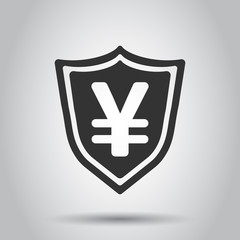 Obraz premium Yen, yuan shield money currency vector icon in flat style. Yen coin protection symbol illustration on white background. Asia money business concept.