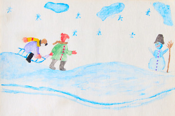 Colorful drawing of children are sledding on snowy hill and snowman