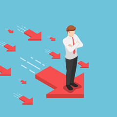 Isometric businessman standing on red arrow with his arms crossed