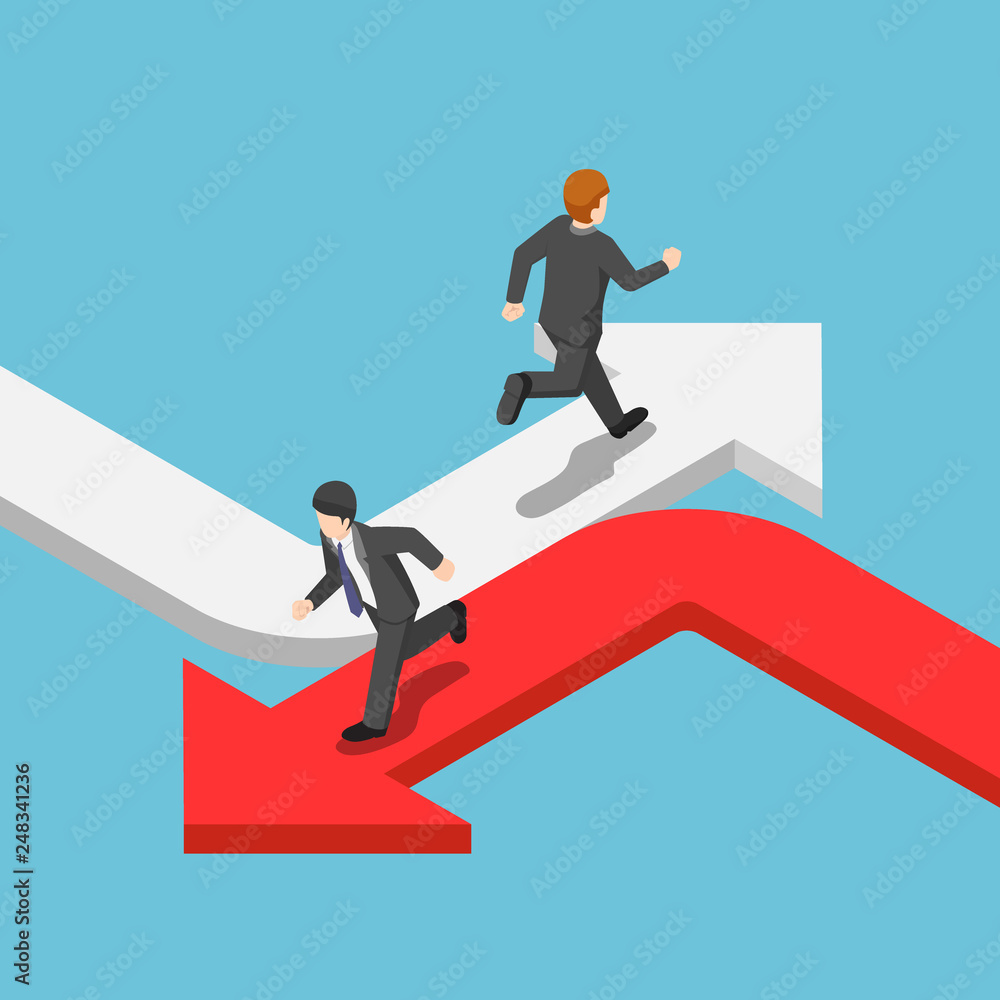 Poster isometric businessman running on the different arrow in the opposite direction