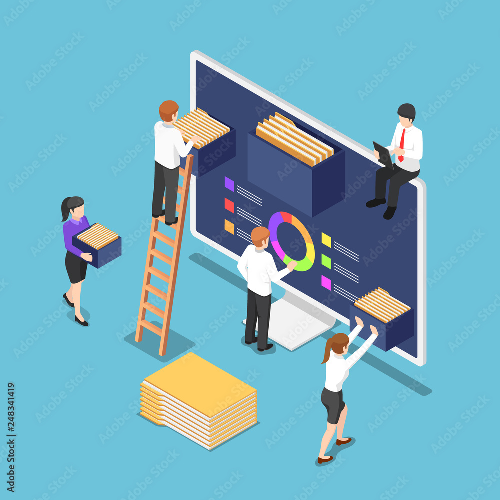 Poster isometric business people are organize document files and folders inside computer