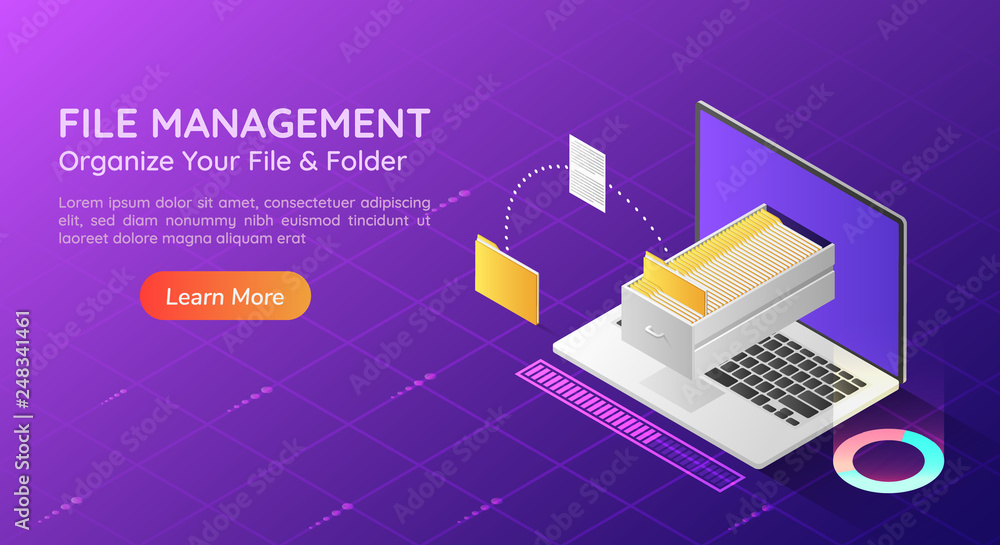 Poster isometric web banner laptop transfer file and organize folder in the monitor