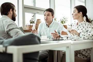 Emotional male person telling his business idea