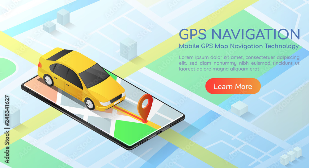 Poster isometric web banner car with gps map navigation application on smartphone