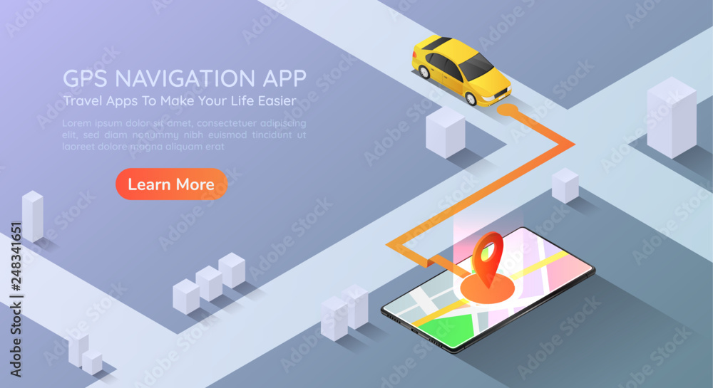 Poster isometric web banner car going to pin point at the gps map navigation application on smartphone