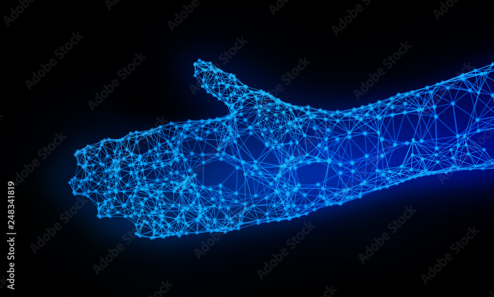 Poster human hand isolated on black background with network connection lines and dots in artificial intelli
