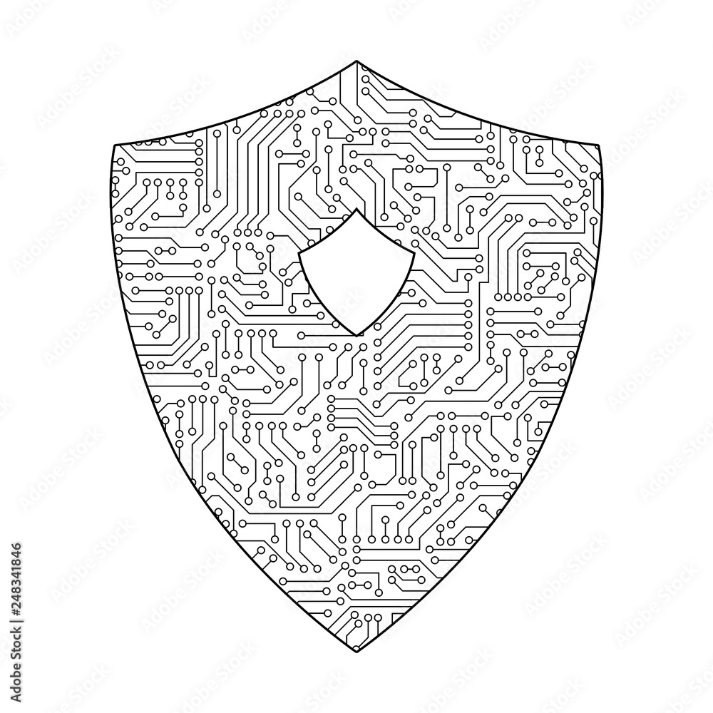 Poster safety circuit board shield icon for protecting password on white background in digital data code in