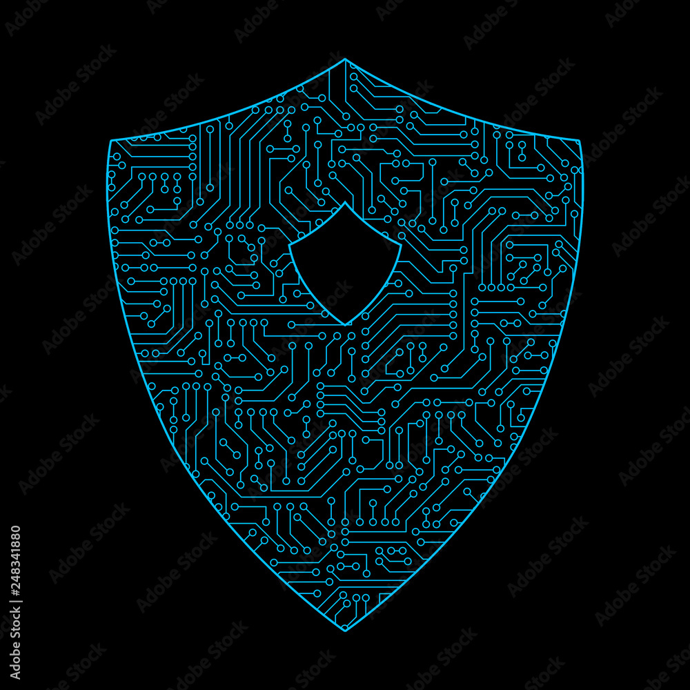 Poster safety circuit board shield icon for protecting password on black background in digital data code an