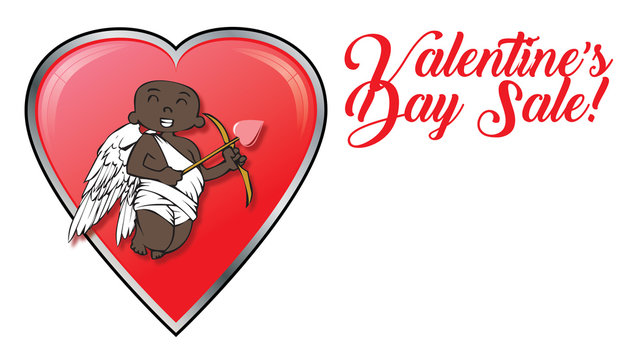 african-american cupid with Valentines Day retail sale logo and hearts
