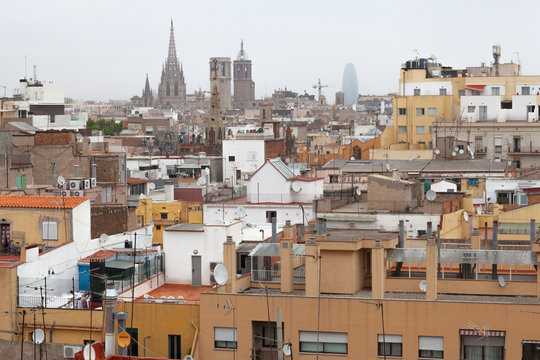 Rooftops of immigrant neighbourhood of Raval, Barcelona, Spain