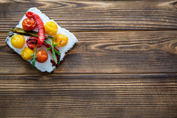 Delicious bruschettas with grilled vegetables, free space for text, top view.