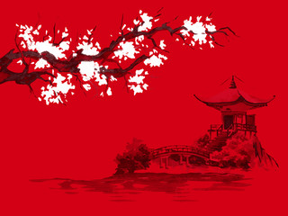 Japan traditional sumi-e painting. Watercolor and ink illustration in style sumi-e, u-sin. Fuji mountain, sakura, sunset. Japan sun. Indian ink illustration. Japanese picture, red background.