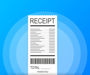 Receipt icon in a flat style isolated on a colored background. Invoice sign. Bill atm template or restaurant paper financial check.  Vector illustration.