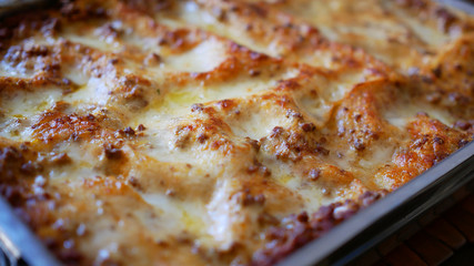 Italian food, classic Lasagna with bolognese sauce. Top view