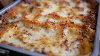 Italian food, classic Lasagna with bolognese sauce. Top view