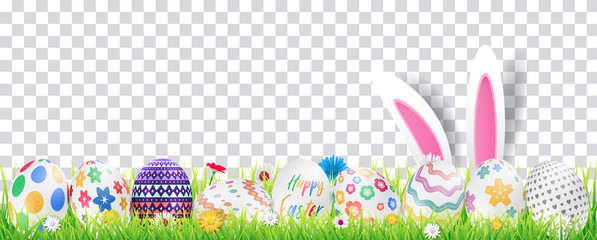 Happy easter image vector. Modern happy Easter background with colorful eggs, bunny, rubbit, and spring flower. Template Easter greeting card, vector.