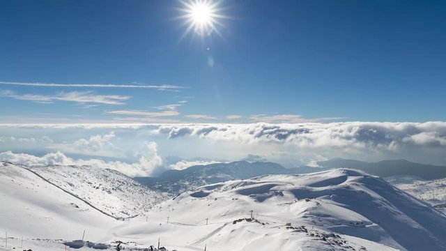 Clouds Motion Over Mount Hermon,  Winter in Israel - Sunny Day At Mount Hermon, Time Lapse Tilt Up