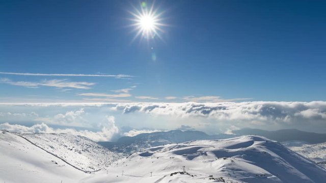 Clouds Motion Over Mount Hermon,  Winter in Israel - Sunny Day At Mount Hermon, Time Lapse Tilt Down
