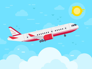 Airplane flying in sky. Jet plane fly in clouds, airplanes travel and vacation aircraft flat vector illustration