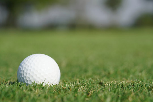 Close-up on a golf ball on a green grass