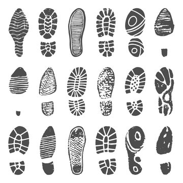 Shoes footprint silhouette. Sneaker shoes step, walking boot shoe steps imprint and man feet boots isolated vector illustration