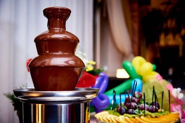 Chocolate fountain on the holiday table.