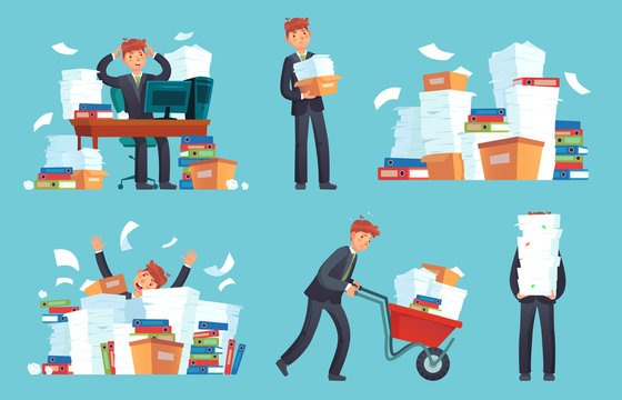 Unorganized office papers. Businessman overwhelmed work, messy paper documents pile and files stack cartoon vector illustration