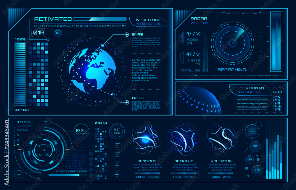 Poster futuristic hud interface. future hologram ui infographic, interactive globe and cyber sky fi screen 