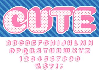 Girls font. Pink princess funny child letters and retro dotted texture alphabet baby girl dolls isolated vector set