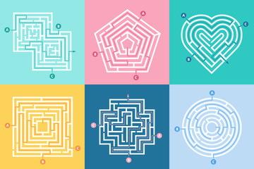 Eingang zum Labyrinth. Finden Sie den richtigen Weg, Kinderlabyrinthspiel und Wahllabyrintheingänge Buchstabenvektorillustrationssatz