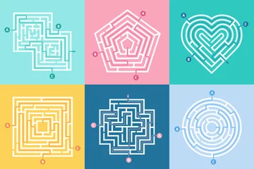 Peel and stick wall murals For him Maze entrance. Find right way, kids labyrinth game and choice mazes entrances letters vector illustration set