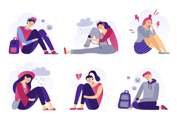 Depressed teenagers. Sadness student, unhappy stressed teen sad boy and crying girl. School stress isolated flat vector illustration