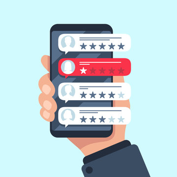 Rating Review Bubble. Reviewers Texting On Cellphone App, Choice Bad Or Good 5 Star Ratings. Flat Vector Illustration