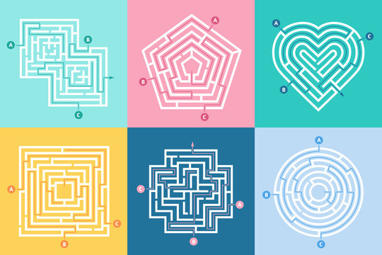 Maze entrance. Find right way, kids labyrinth game and choice mazes entrances letters vector illustration set