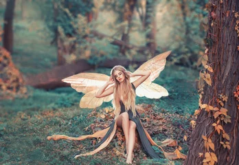 Fototapeten charming fairy woke up in forest, sweetly smacks after sleeping © kharchenkoirina