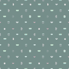 Hand drawn mongolian traditional kitchenware, dishes, pots and plates illustrated in pastel green, aqua, yellow, pink and turquoise tones.